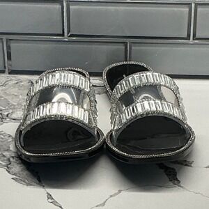 Lauren Lorraine Jane Black Rhinestone Embellished Clear Strap Slide Sandals 7